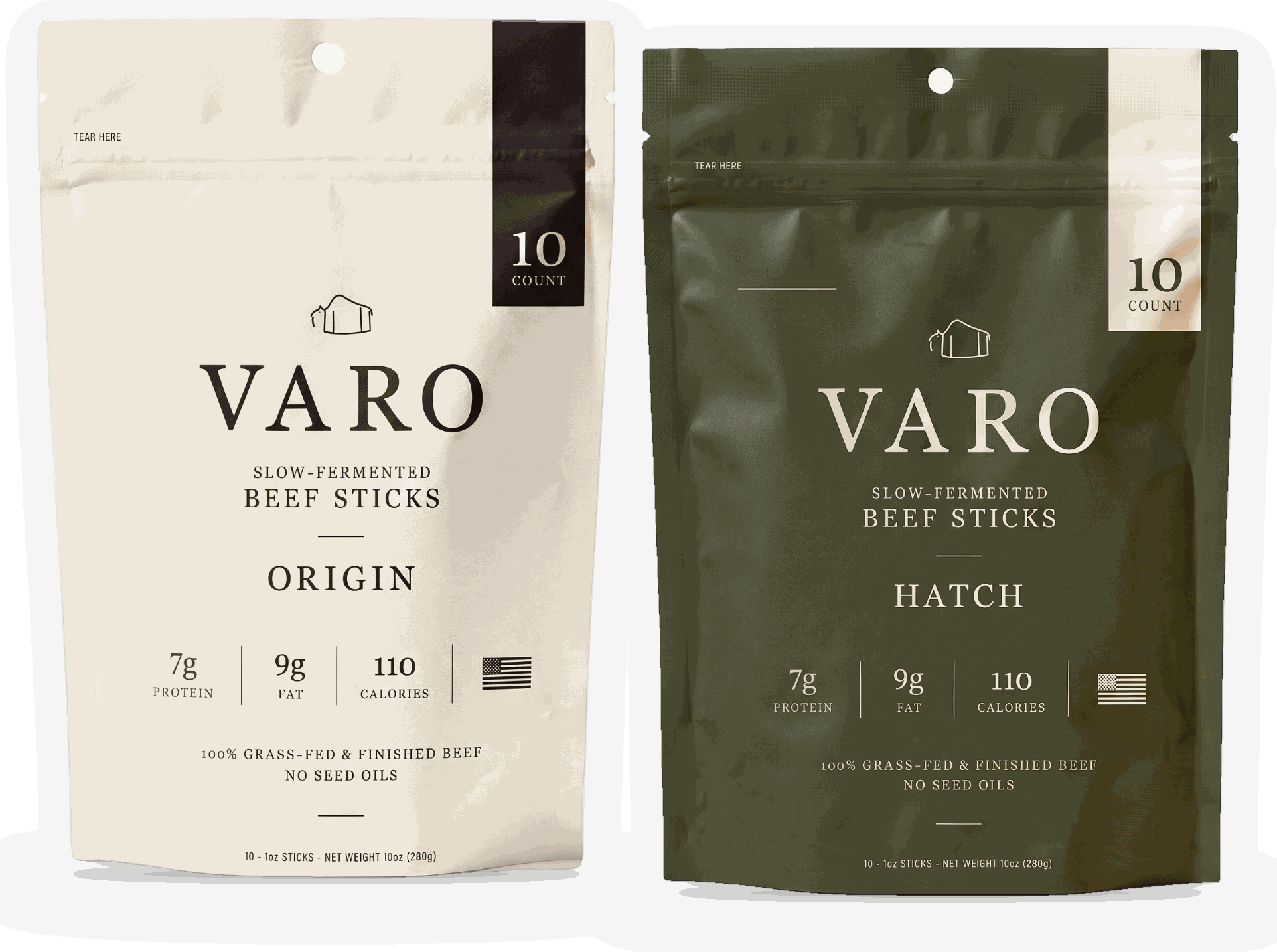 A bag of VARO ORIGIN and a bag of VARO HATCH beef sticks